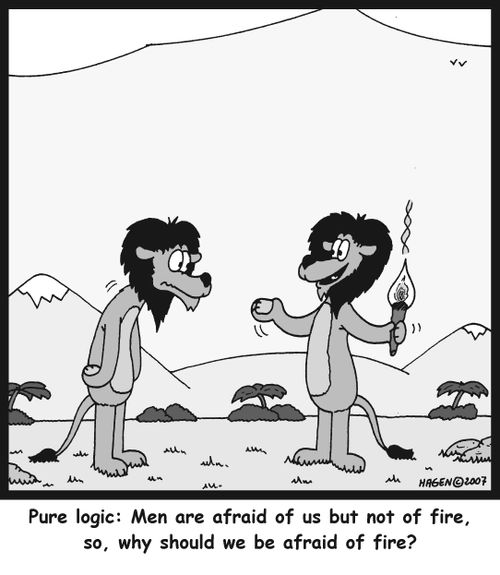 Pure logic: Men are afraid of us but not of fire, so, why should we be afraid of fire?