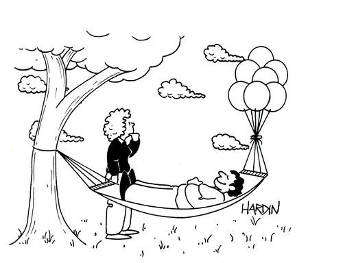 Man sleeping in hammock that is half held up with balloons.
