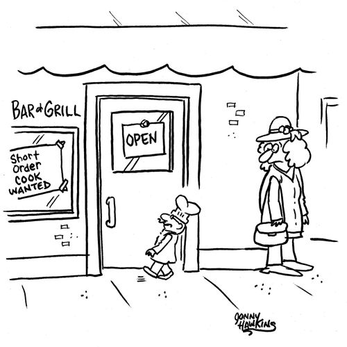 Woman sees small cook going to interview for short order cook.