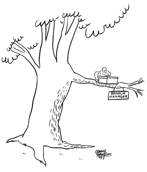 Bird with sign out front of desk, 'Branch Manager'.