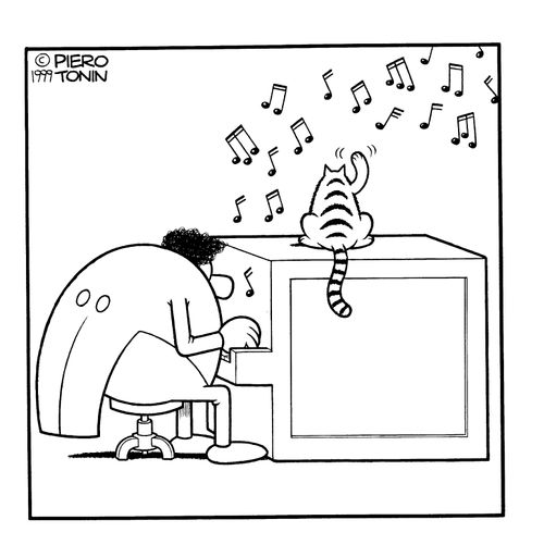 Cat trying to catch the musical notes coming from a piano