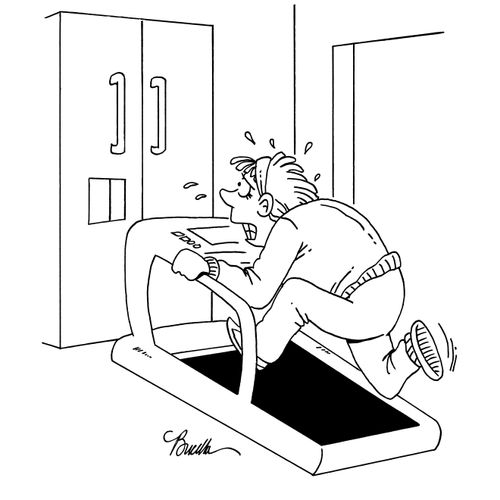 Woman runs on treadmill in front of refrigerator.