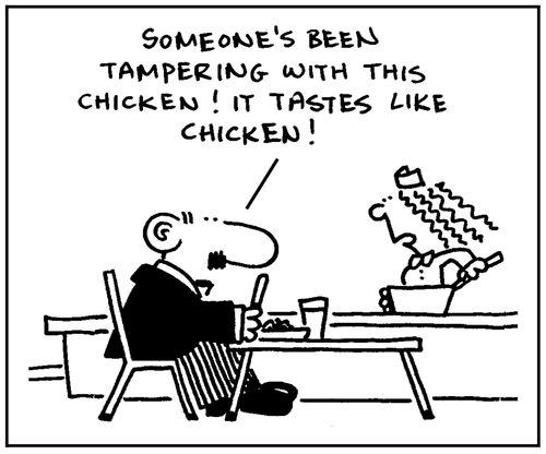 'Someone's been tampering with this chicken. It tastes like chicken.'