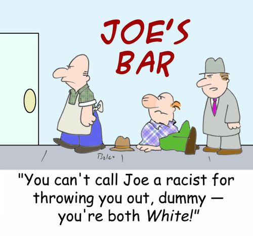 JOE'S BAR, 'You can't call Joe a racist for throwing you out, dummy - you're both WHITE!'