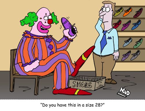 A clown with large red shoes is looking for something in a size 28.