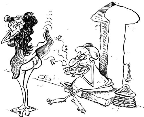 Snake charmer lifting up touists dress