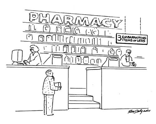 Pharmacy - 3 embarrassing items or less.
