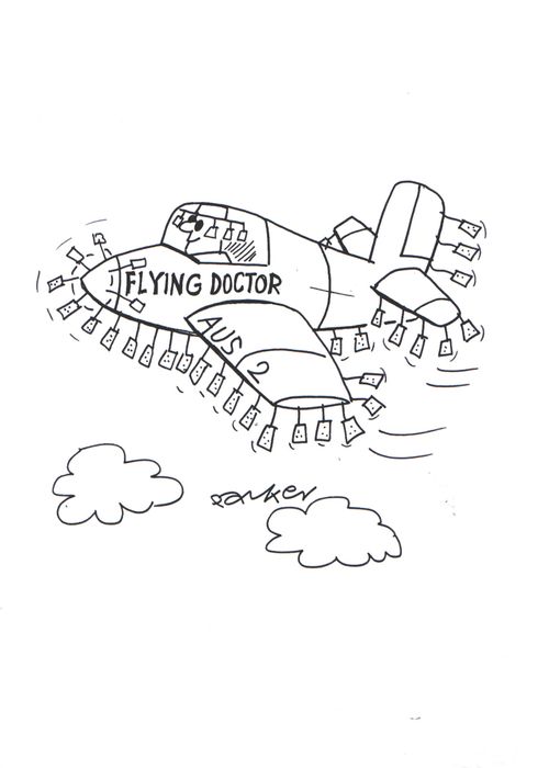 Flying doctor's plane with corks dangling from it.