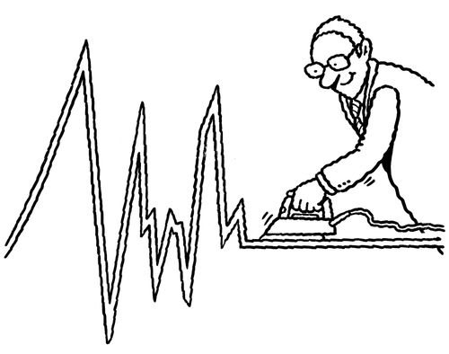 Man ironing out a line graph.
