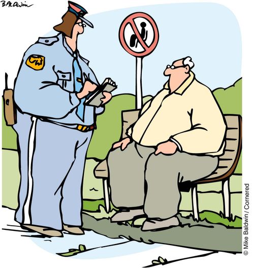 Park bench attendent giving a man a ticket