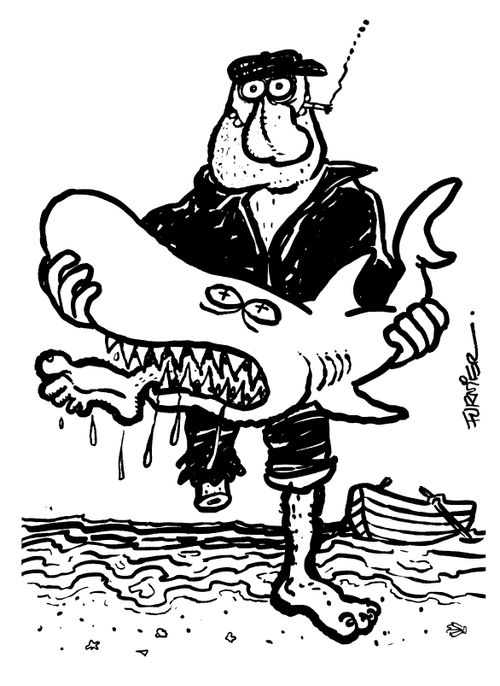 Man catching shark with his foot