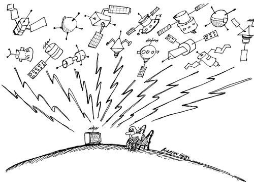 Couple watching TV being blasted by hundreds of satellite's from space