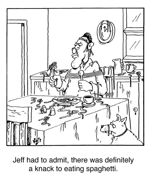 'Jeff had to admit, there was definitely a knack to eating spaghetti.'