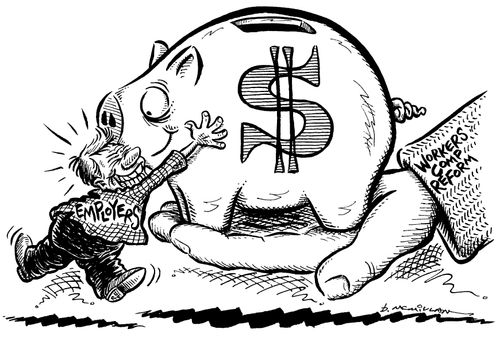'Employers' hugging a huge piggy bank handed down from 'Workers comp reform'.