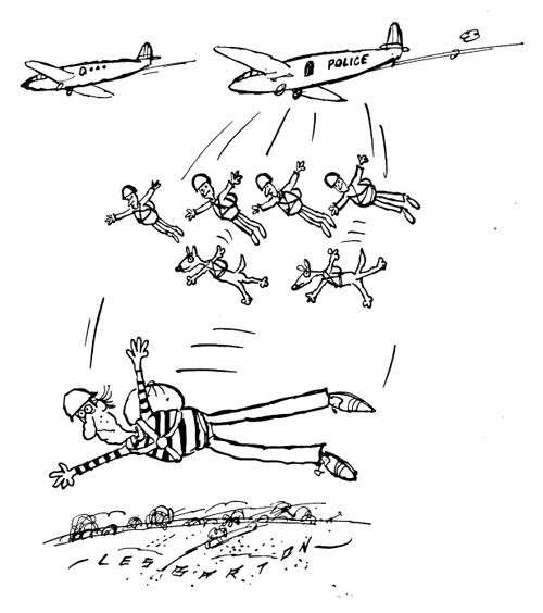 Policemen and Police dogs parachuting after thief