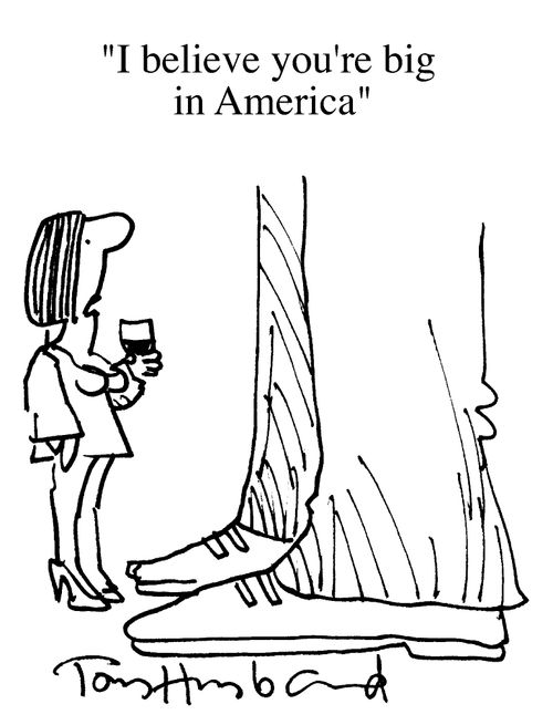 Big in America, woman to giant pair of legs at party "I believe you're big in America"