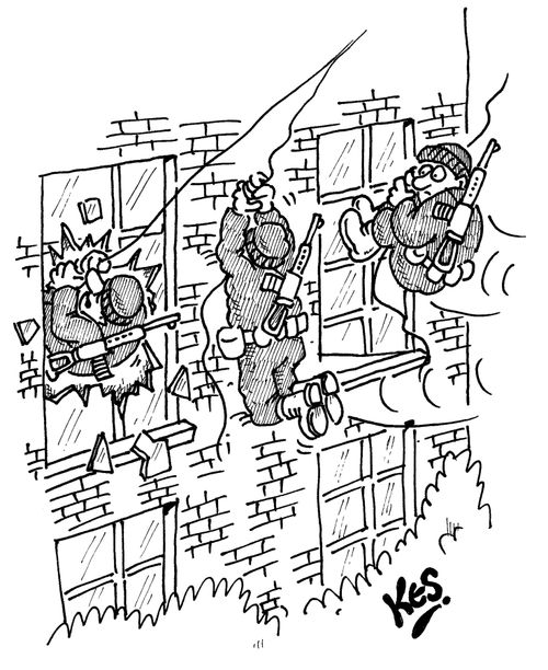 Commando crashes into wall, instead of through window.