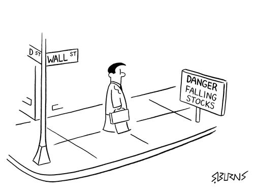 Businessman walking along Wall Street sees 'Danger Falling Stocks' sign.