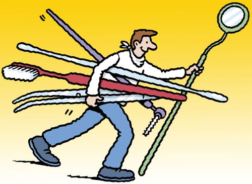 Dentist carrying outsize dental tools.