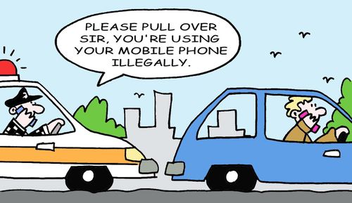 Policeman on phone to car in front: "Please pull over sir, you're moving your mobile phone illegally."