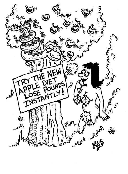 Eve reads sign: Try the new apple diet lose pounds instantly.