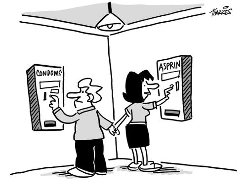 Man buys condoms, woman buys asprin.