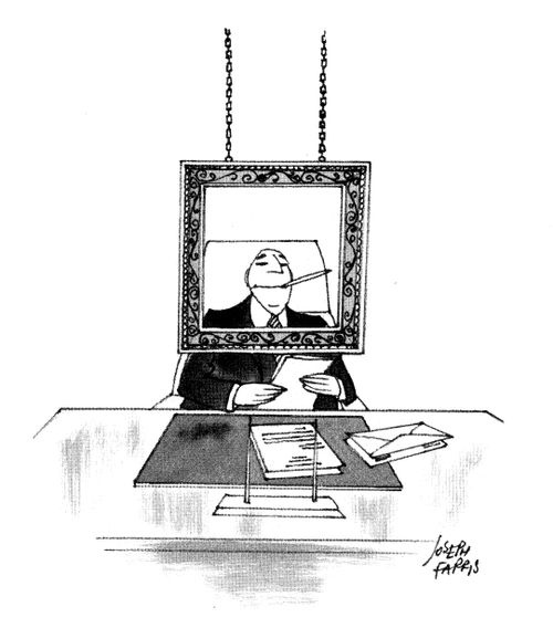 Boss has a frame hanging above his desk for his face.