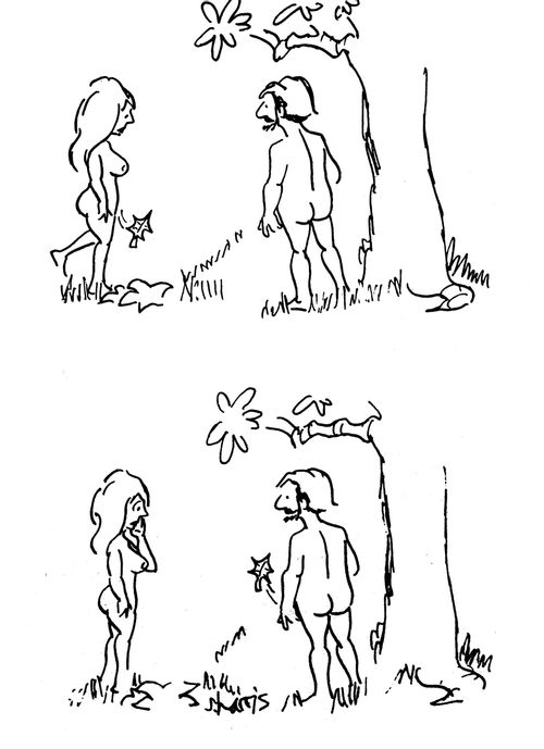Eve's leaf falls off, and Adam's leaf flies up in the air.