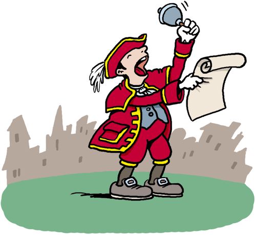 A town crier ringing his bell and shouting the news.