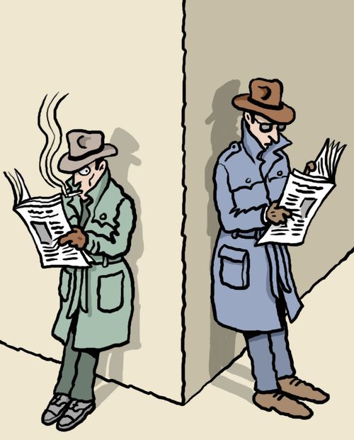 Two spies reading newspapers on street corner.
