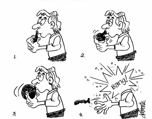 Man blows up balloon and head explodes.