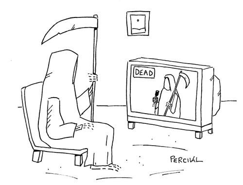 Grim reaper watching a dead TV report.