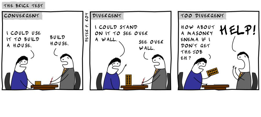 'I could use it to build a house.' - 'Build house.' - 'I could stand on it to see over a wall.' - 'See over wall.' - 'How about a masonry enema if I don't get the job, eh?' - 'Help!'