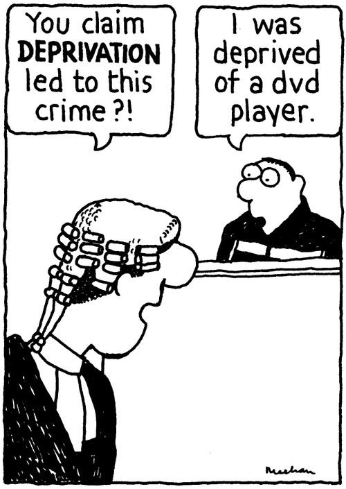 'You claim deprivation led to this crime?!' 'I was deprived of a dvd player.'