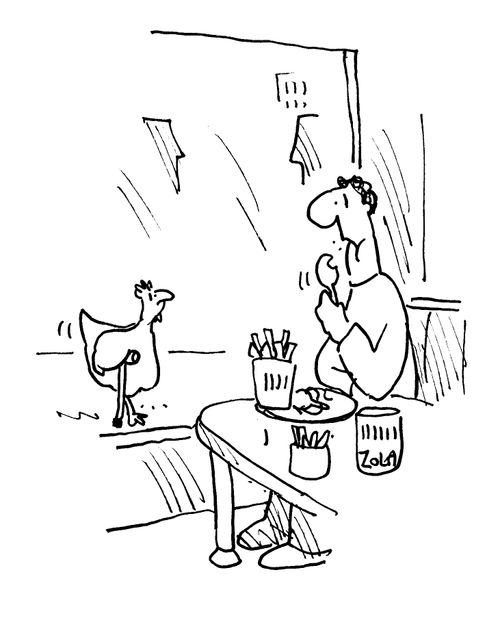 Man eating chicken leg seeing chicken on crutches.