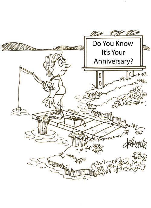 man fishing at a dock sees a billboard: Do You Know It's Anniversary