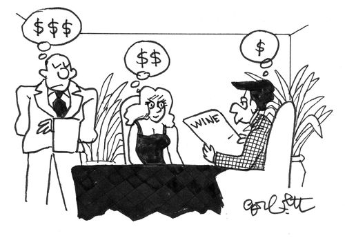 Three people view wine price 3 ways.