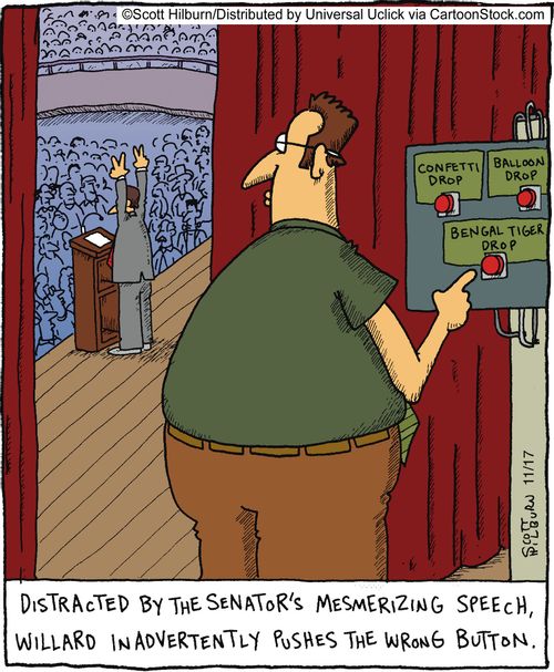 Distracted by the Senator's mesmerizing speech, Willard inadvertently pushes the wrong button.