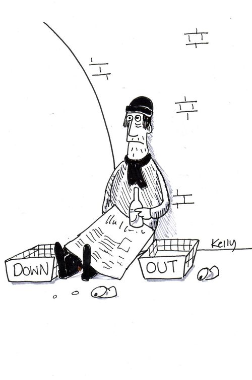 Beggar with in/ out trays which read 'down' / 'out'.