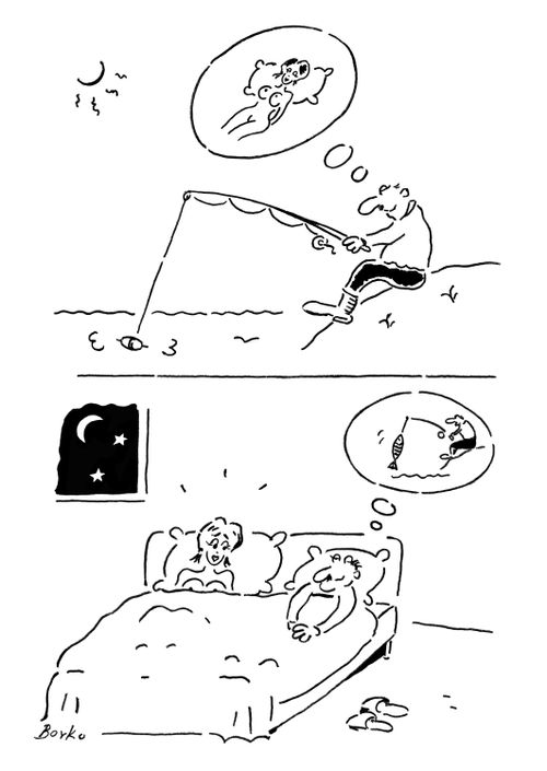 Man thinks about his wife while fishing and thinks about fishing next to his wife
