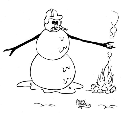 Melting snowman roasting marshmallow on open fire.