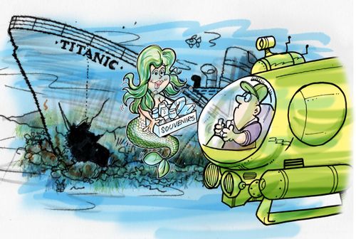 Mermaid selling titanic souvenirs.