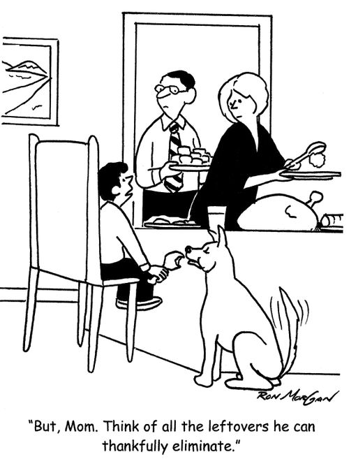 'But, Mom. Think of all the leftovers he can thankfully eliminate.'