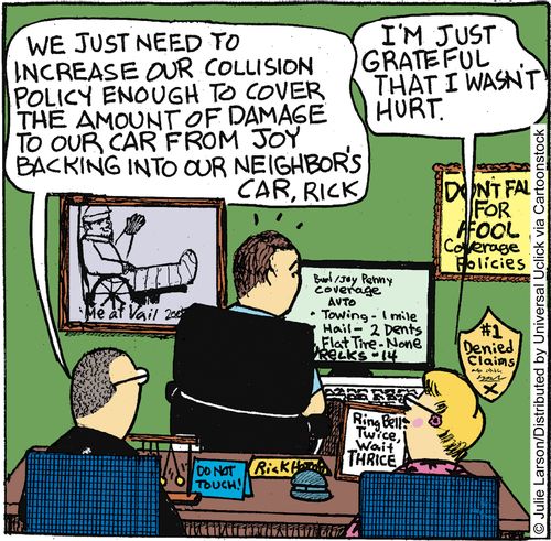 'We just need to increase our collision policy enough to cover the amount of damage to our car from Joy backing into our neighbor's car, rick.'