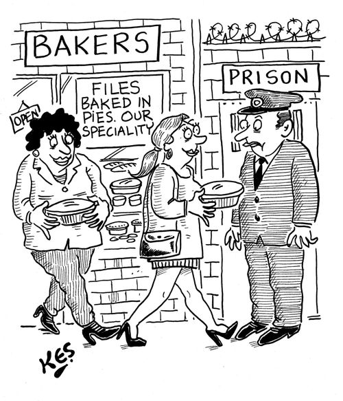 A prison guard watches female visitors buying pies from a bakery who's speciality is; FILES BAKED IN PIES.