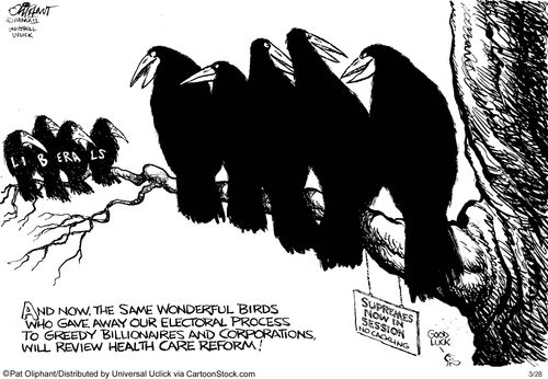 'And now, the same wonderful birds who gave away our electoral process to greedy billionaires and corporations, will review health care reform!'