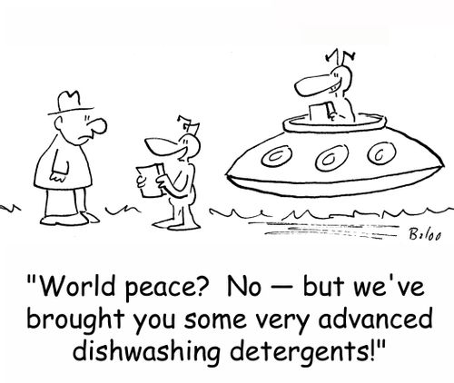 'World peace? No -- but we've brought you some very advanced dishwashing detergents!'