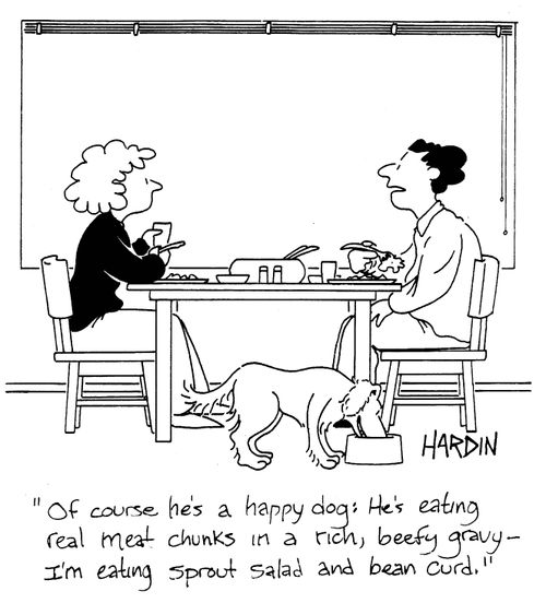 '...He's eating real meat chunks in a rich, beefy gravy - I'm eating sprout salad and bean curd.'