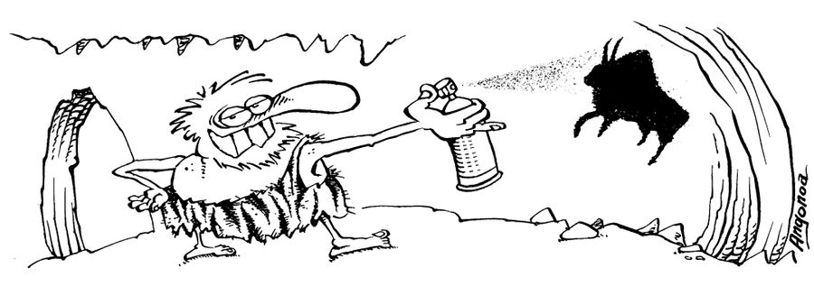 Caveman painting on his wall with a spray canister