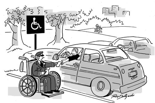 Traffic warden in a wheelchair giving a ticket to a driver in a disabled space.